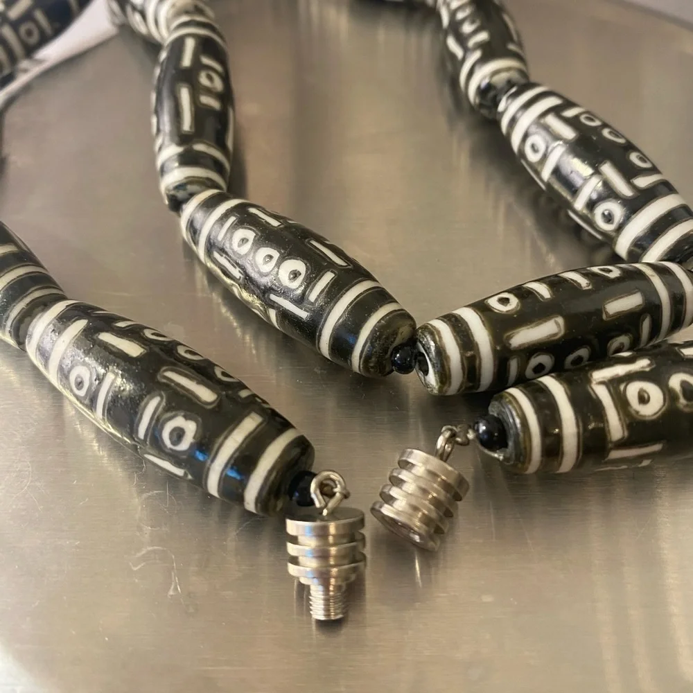 Vintage Black & White Tribal Glass Bead Necklace